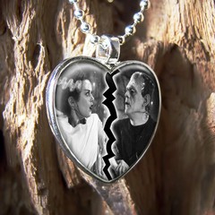 Frankenstein & Bride Universal Horror Silver Broken Heart Glass Pendant Necklace