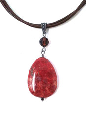 Orange Red Fossil Coral Gemstone Teardrop Pendant Sterling Brown Leather Choker