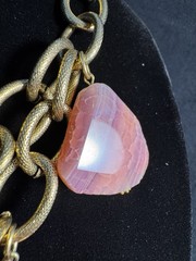 Unique Gold Tone Multi Chain & Pink White Agate Chunky Statement Necklace