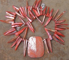 ABALONE MOSAIC SEA OPALS SPIKY SHELL PEARL NECKLACE PINK ROSE CORAL HUES PENDANT