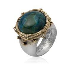 Brushed Sterling Silver, Eilat Stone And Gold Filled Wire Ring