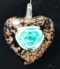 Turquoise Floral Blown Glass Heart Pendant with Gold Sparkles 2.25 in