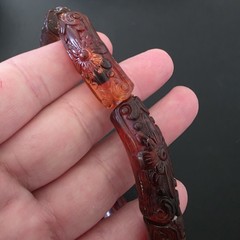 RARE Genuine Amber Carved Floral Chunky Tube Bead Stretch Bracelet Tested HTF