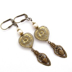 Victorian Heart Earrings Vintage Style Crystal Pearls Antiqued Brass Wedding
