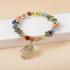 Blue Evil Eye Beaded Stretch Bracelet Fatima Palm Charm Chakra Karma Positive