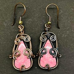 Natural Rhodonite Gemstone Copper Wire Wrapped Handcrafted Earrings 41x19mm