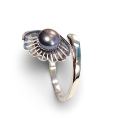 Solid Silver .925 Black-Gray Freshwater Pearl Shell-Style Adjustable Ring