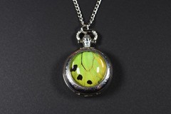 Green Birdwing Pocket Watch Pendant Necklace Butterfly Wing Jewelry Silver