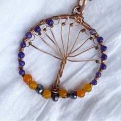 Handmade Tree of Life Necklace Copper Beaded Amethyst Orange Jade