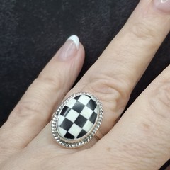 Black Onyx MOP Checkerboard Ring Adj 5-10 Sterling Silver Boho Southwestern