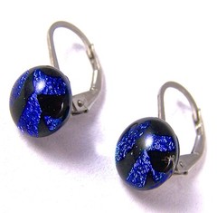 DICHROIC Glass Earrings Blue Cobalt Black Chevron Eurowire Lever Dangle 1/4″ 7mm