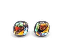 Handcrafted Black Multicolor Dichroic Glass Stud Earrings – Cabochon Square 15mm