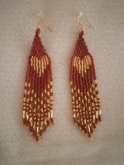 Handmade African American Seed Beaded Brown and Gold Heart Earrings
