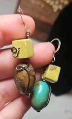 Cube Yellow Jasper and Oval Turquoise Earrings Silver Wire, Handmade