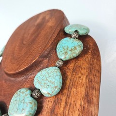 Faux Turquoise Large Puffy Heart Statement Necklace Choker Silver Tone Western