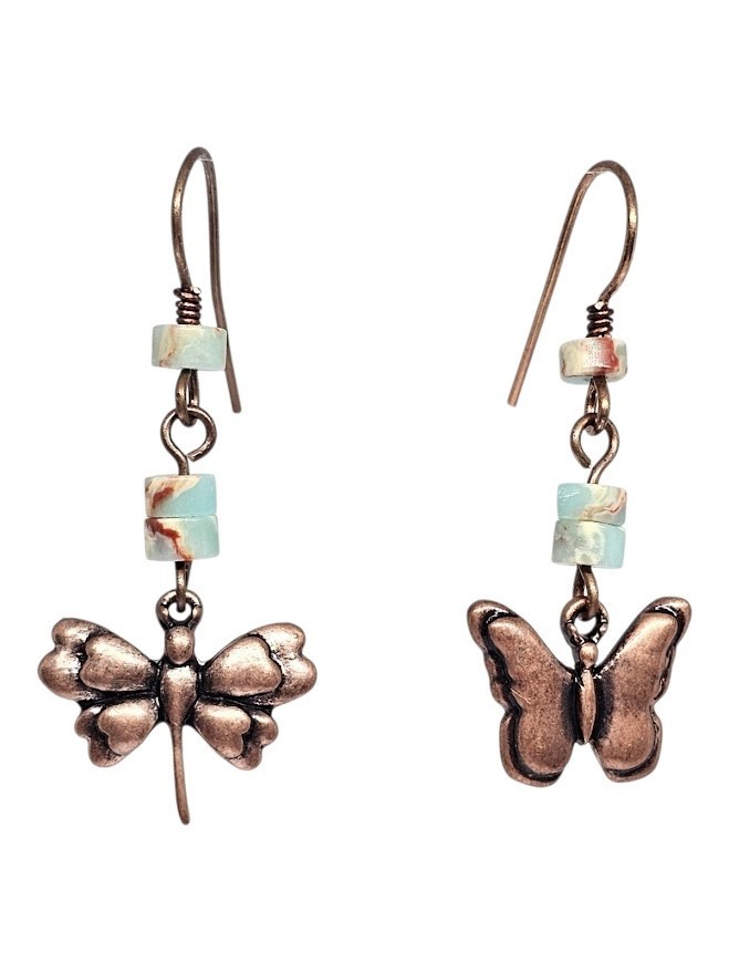 Handmade Blue Serpentine Butterfly Earrings Copper Boho Gemstone Dangle