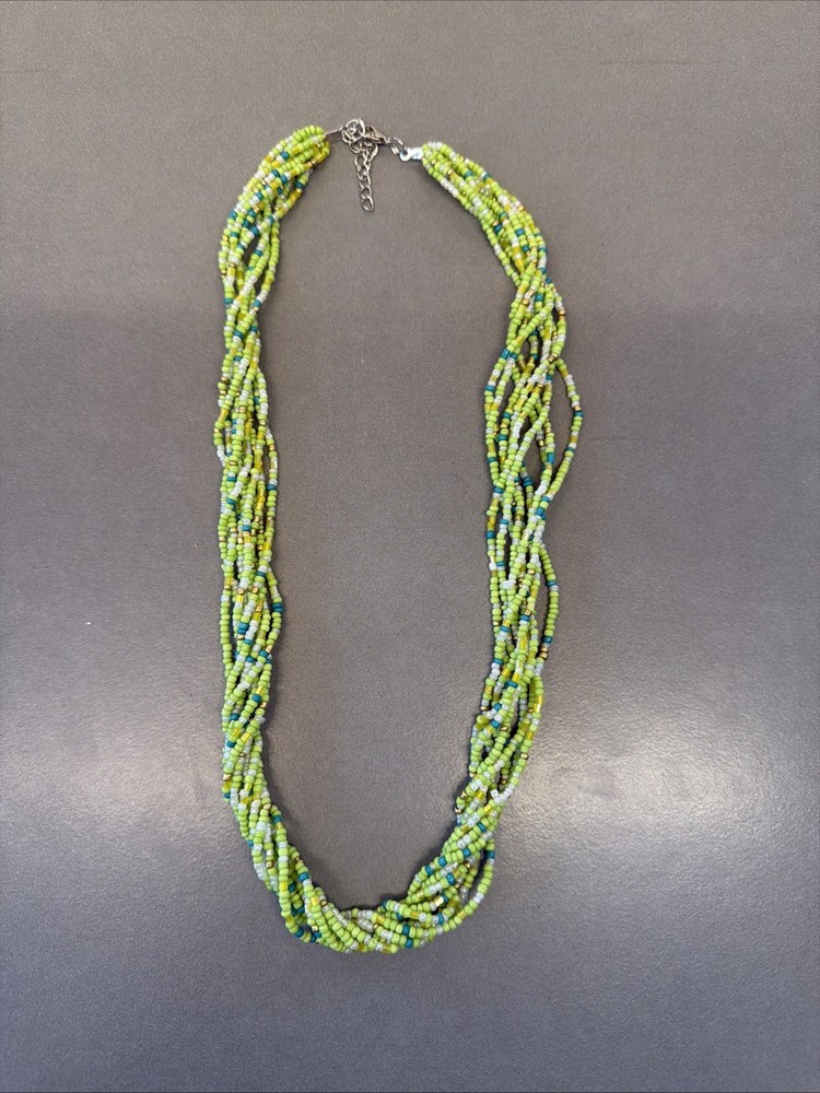 Jw1 Bright Green, Blue, & White Necklace Seed Bead Multi Strand Beads K64