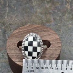 Black Onyx MOP Checkerboard Ring Adj 5-10 Sterling Silver Boho Southwestern