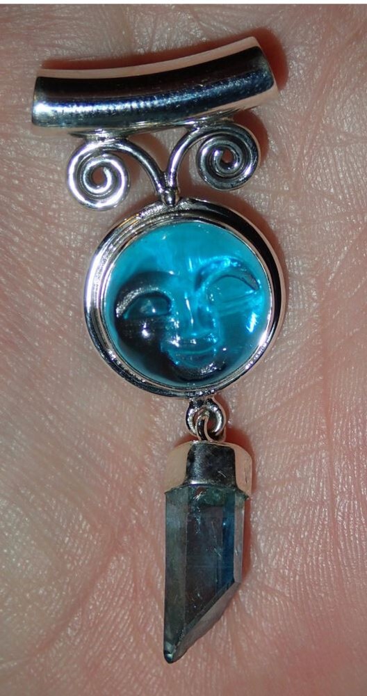 Blue Moon Face Quartz & Aqua Aura Quartz Sterling Silver Pendant