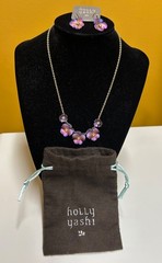 Holly Yashi Niobium 5 Pansy Necklace & Earrings Vintage Gold Tone Set w Bag Nice