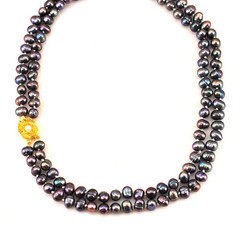 Black Freshwater Pearl Beads Hand Knotted Gold Plated Necklace 16″ free shipping