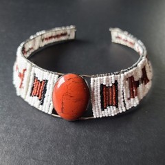 Vintage Beaded Choker Necklace Red Jasper Cabochon Native American Style