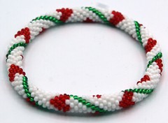 Crochet Glass Seed Bead Nepal Boho Bracelet – Christmas Theme Red Green White
