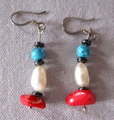 Turquoise Coral & Freshwater Pearl Drop Dangle Earrings Hook Back