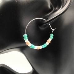 Earrings Hoop Boho Beaded Pastel Pink Teal Blue Pearly White Silver Tone Colors
