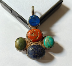 Handmade Multi Gemstone Pendant Vintage Coral Lapis Lazuli Turquoise 925 Jewelry
