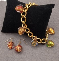 Murano Glass Hearts Gold Foil Jewelry Set, Bracelet & Earrings, Colorful swirls