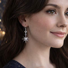 North Star Charm & Crystal Dangle Earrings-Solid 925 Sterling Silver Ear Wires