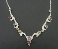 Multi Color Stones V Shape Swirls Sterling 925 Silver Necklace 16″ Long