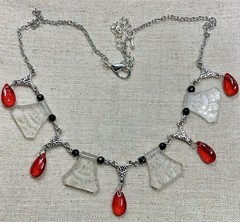 Vintage Style Necklace-Vintage Etched Glass Beads, Red Teardrop Beads, 16-19”