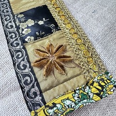 Wide Cuff Bracelet Gold Metallic Fabric Baroque Embellished Handmade OOAK 7-8