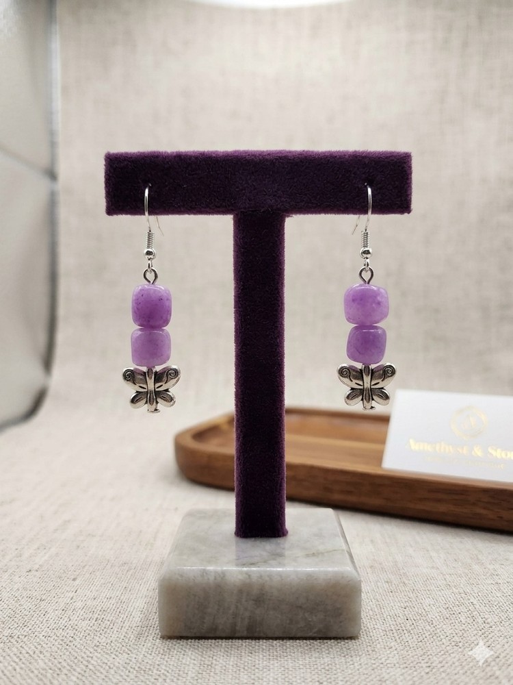 Purple Jade Butterfly Earrings With 14k Silver Plated Hooks