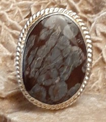 Artisan 925 Silver Brown Gray Agate Oval Ring Size 8.5
