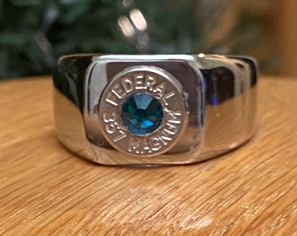 Federal 357 Magnum Nickel Bullet Casing Ring Size 13 W/ Teal Crystal