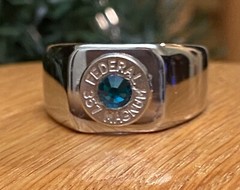 Federal 357 Magnum Nickel Bullet Casing Ring Size 13 W/ Teal Crystal