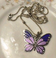 Silver Plated Purple Pink Enamel Butterfly Necklace Rope Chain Vtg Style