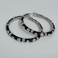 Lauren G Adams Large Enamel Hoop Earrings Black CZ’s Silver Tone Metal Pierced