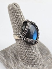Sterling silver large Labradorite ring size 7 blue flash wire wrap rope texture