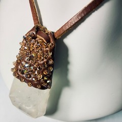 SK Large Quartz Crystal Point Leather Statement Necklace