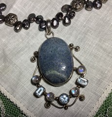 Lovely Handmade Denim Lapis, Cultured Pearls, Crystal & Sterling Silver Necklace