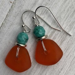 Min Favorit Tangerine Swirl Sea Glass, Turquoise & Silver Pl Artisan Earrings