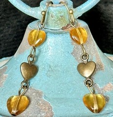 Bronze and Golden Yellow Heart Charm Dangle Earrings. Love. Romance.