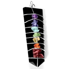 CHARGED Obsidian 7 Chakra Wire Wrap Pendant Necklace HANDMADE Heal Stone Reiki