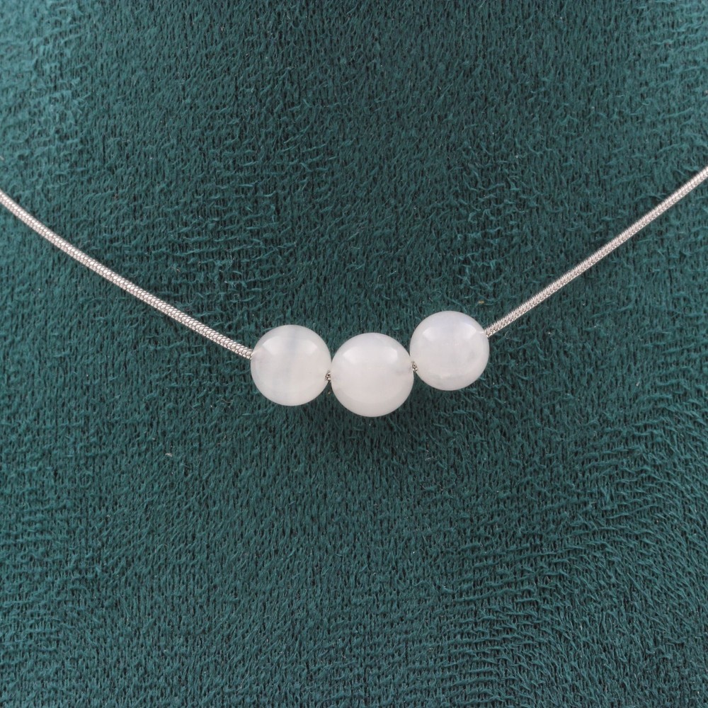 Necklace 3 Moonstone Pearls From Sri Lanka 8 Mm Steel Chain Women’s Necklace