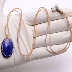 Handmade Natural Lapis Lazuli Cabochon Bohemian Macrame Necklace Healing Pendant