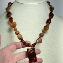 Artisan Carnelian Agate Statement Necklace 20″ Chunky Bead Boho Pendant